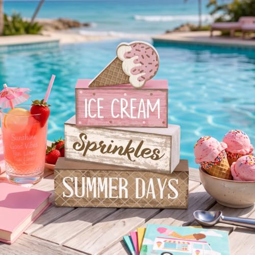 Lineshading 4 Pcs Ice Cream Summer Tiered Tray Decor Table Block Signs