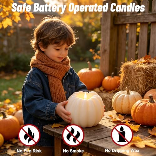 Wondise Fall Decorations Real Wax Pumpkin Candles with Remote Timer