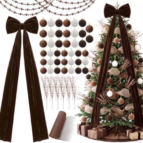 56 Pcs Brown Christmas Tree Decoration Set Neutral Velvet Bow Balls Ribbon