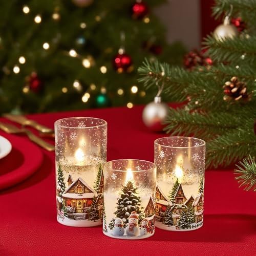 Snowman House Glass Flameless Candle Battery Operated Remote Timer