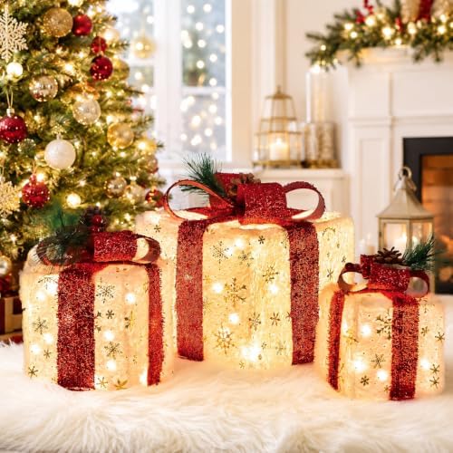Set of 3 Lighted Boxes, Gold Snowflake Indoor Holiday Decor