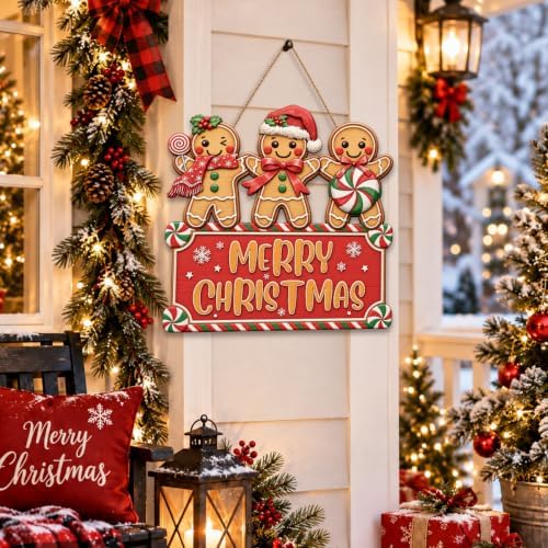 Christmas Decorations Gingerbread Trio Merry Christmas Hanging Wooden Sign