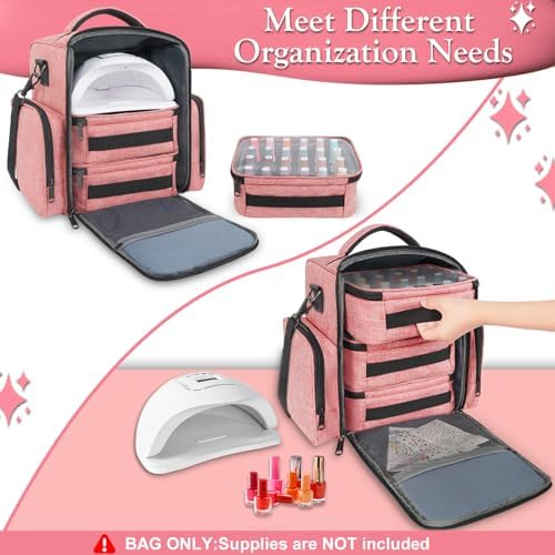 YOREPEK Nail Polish Organizer with 3 Removable Pouches for 72 Bottles, Pink