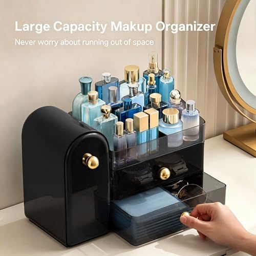HBlife Makeup Organizer Countertop with Drawers, Cologne Organizer for Men, Vanity Organizers with Brush Holder, Bathroom Countertop Organizer Skin Care Storage, Gift for Dad Husband, Black and Gold
