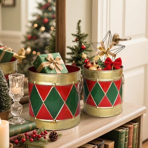 2-Piece Christmas Metal Drum Buckets Set - Festive Ice Bucket & Storage for Small Plants/Ornaments/Candies, Round Decorative Pails for Party Table Centerpieces & Home Mantel Display