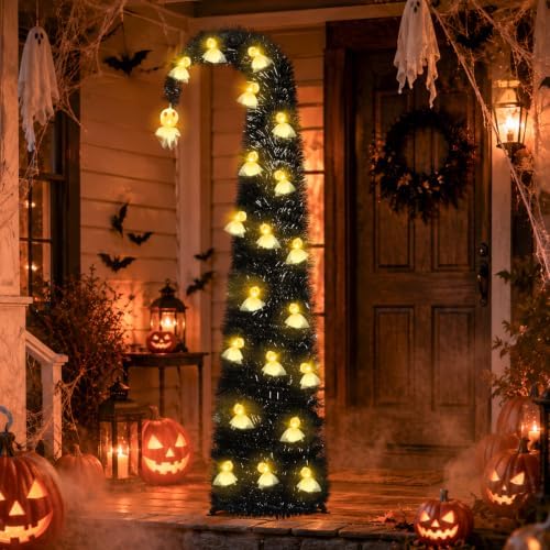 6FT Black Halloween Pop Up Christmas Tree with Ghost String Lights