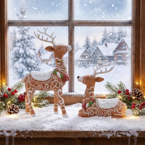 Amyhill 2 Pcs Gingerbread Christmas Reindeer Decorations Resin Figurines