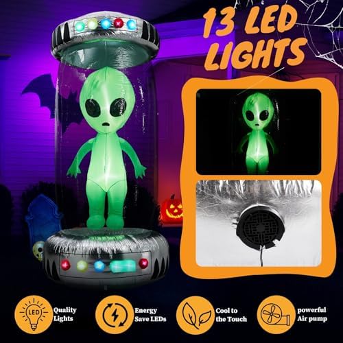 Outvita 8.2FT Halloween Inflatable Alien with UFO, Blow Up Outdoor Decoration with Rotating LEDs, Halloween Decor for Yard, Party, Garden