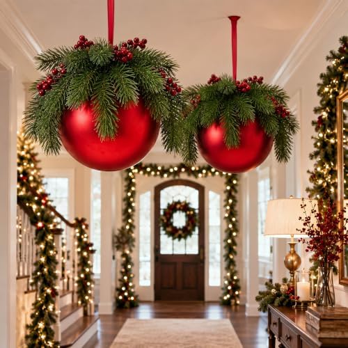 Yalikop 2 Pcs 8" Extra Large Red Christmas Ball Ornament with Pine Branches