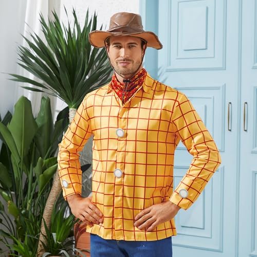 Cowboy Sheriff Costume Men's Plaid Button Down Shirt with Vest Bandana Star Badge Halloween Sheriff Cosplay Outfits