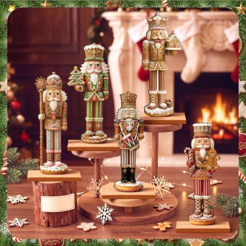 RattanView 5 Pcs Gingerbread Christmas Table Decorations Wooden Ginger Bread Nutcracker Decor Christmas Centerpiece Ginger Bread Village Xmas Nutcracker Tiered Tray Home Decor with Base for Party