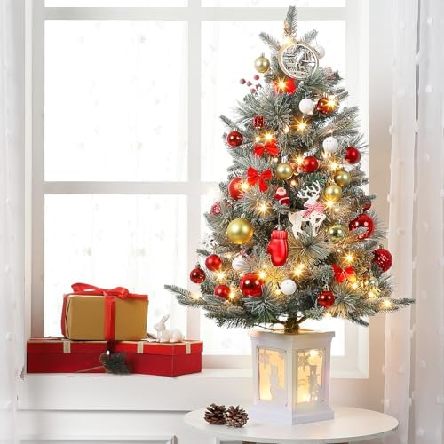 GarveeHome 3ft Prelit Christmas Tree with 78 Warm Lights & Red Berry, Artificial Xmas Trees with Snowman Light Box Base, for Home, Office, Fireside Christmas Decoration, Set of 1