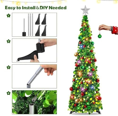 N&T NIETING Pop Up Christmas Tree with Lights & 30 Balls, 5Ft Collapsible Green Tinsel Christmas Tree Decoration for Holiday Xmas Home Office Decor