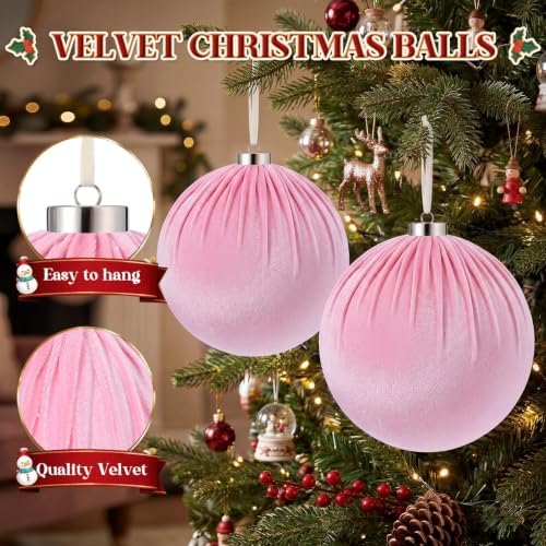Weysat 6 PCS 8" Extra Large Velvet Christmas Ball Ornaments, Pink