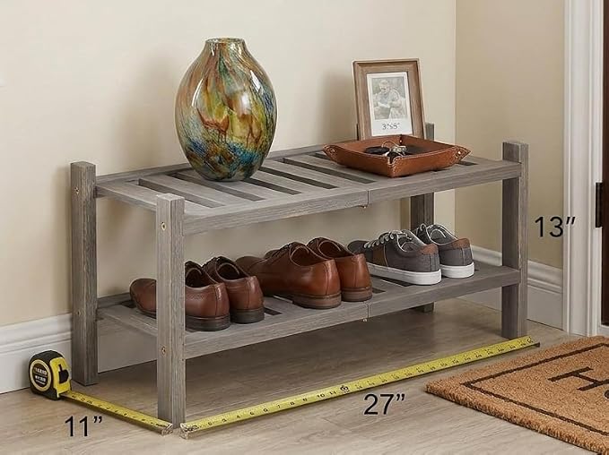2-Tier Acacia Wood Stackable Shoe Rack - Brush Grey
