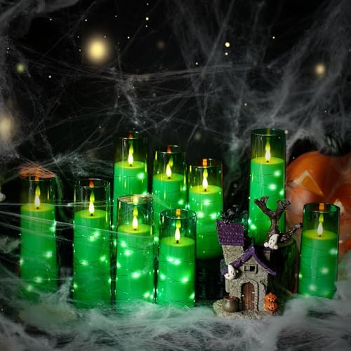 kakoya Flameless LED Candles with Timer 5 Pc Flickering Flameless Candles for Romantic Ambiance and Home Decoration Stable Acrylic Shell,with Embedded Star String，Battery Operated Candles（Green）