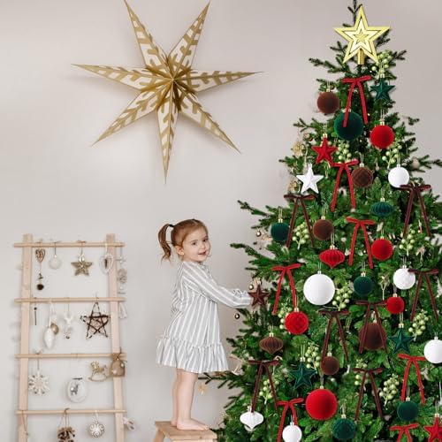 Hollowfly 95 PCS Velvet Christmas Tree Decor Set, Red, Green, Brown, White