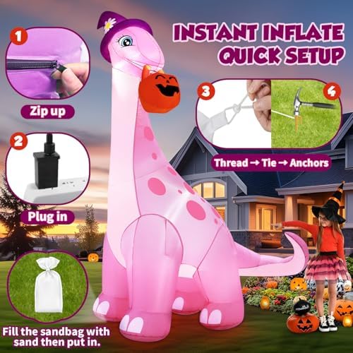 zukakii 13FT Giant Halloween Inflatables Decorations Outdoor Pink Dinosaur, Huge Halloween Blow Up Yard Decorations Dino with Large Pumpkin Witch Hat Build-in LED Light Strong Blower for Party Lawn