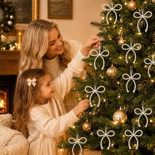DIYDEC 18PCS Christmas Pearl Bow Ornament 4.5in Tree Topper Hanging Decor