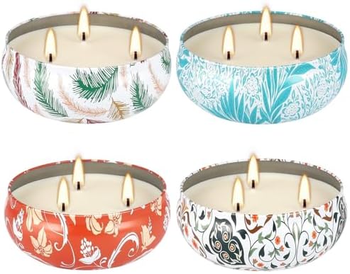 4-Pack Citronella Candle Set in Decorative Tropical Flower Tin Boxes - 3-Wick Functional Decorative Candles for Indoor & Outdoor Use - Perfect for Camping, Travel, BBQ, Picnics, and Mother's Day Gift
