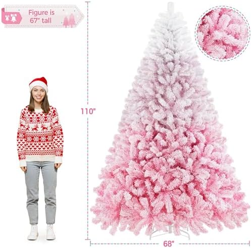 Yaheetech 9ft Prelit Flocked Christmas Tree, Pink & White, 900 Lights