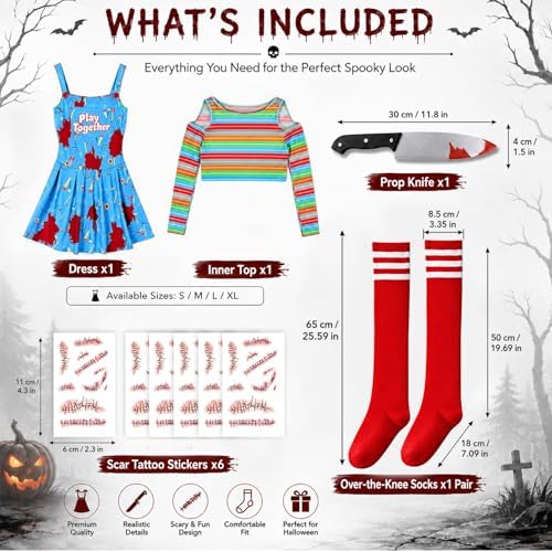 5Pcs Creepy Doll Costume Women Scary Killer Dress Halloween Props