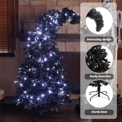 Daifunli 6 ft Black Christmas Tree with Light - Prelit Halloween Crooked Neck Christmas Tree Artificial for Xmas Holiday Party Indoor Outdoor Decoration