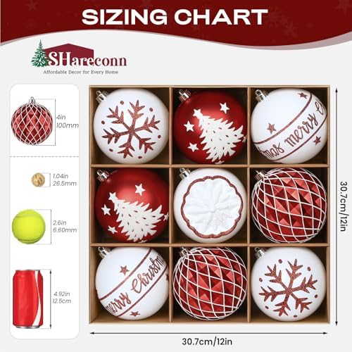 SHareconn 100MM/4 Inch 9PCS Large Christmas Balls Ornaments, Red and White