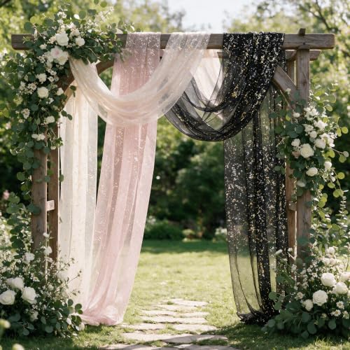 Artoid Mode 3PC Beige Black Pink Gauze Table Runner 120 Inch 10FT, Glitter Metallic Foil Sheer for Wedding Anniversary Holiday Birthday Home Party Decor