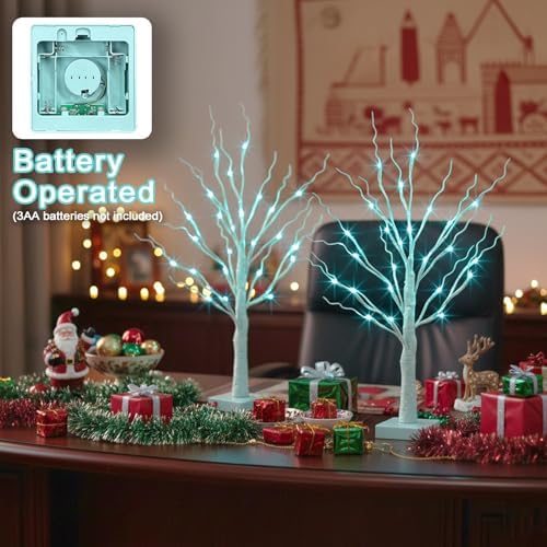 PEIDUO Blue-Green Trees Decor for Home, 2PK Tree Light Battery Powered Timer, Lighted Christmas Decorations Indoor, for Home Bedroom Living Room Fireplace Wedding Party New Year's Day and Christmas