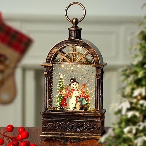 Christmas Snow Globe Lantern Water Glittering Window Snowman Child with Music, USB Lined/Battery Operated Lighted Lantern for Christmas Festival Decoration Gifts