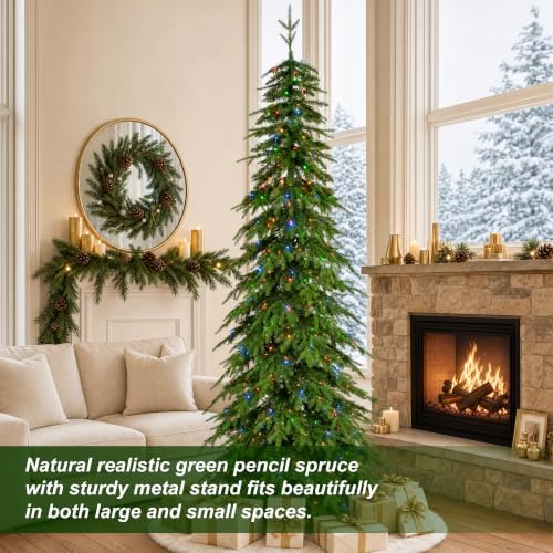 Glitzhome Prelit Christmas Tree, 9ft Pencil Artificial Christmas Tree with 580 Warm White & Multi-Color LED Lights, 9 Function w/Remote, Simple Setup, Chicago Evergreen Spruce for Home Holiday Décor