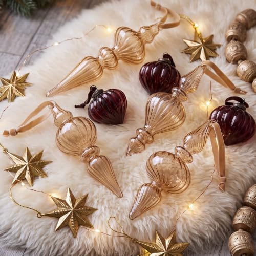 12 Pcs Vintage Glass Finial Christmas Ornaments, Light Brown