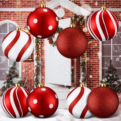 RoundFunny 8 Pcs 6 Inch Electroplated Christmas Ornaments, Red and White
