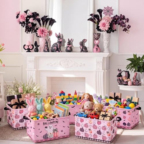 CHENGU 6 Pcs Halloween Storage Bins Collapsible Pink Ghost Storage Baskets