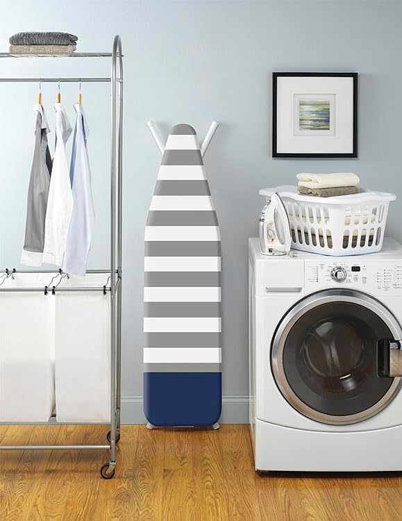 Whitmor Reversible Ironing Board Cover and Pad 54.0x15.0, Gray Blue | Reversible cover, 9mm fiber pad, heavy-Duty Stretch Cord, scorch-resistant finish, striped pattern.