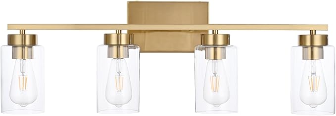 4 Light Bathroom Vanity Light Fixtures, Brushed Brass Modern Wall Lights with Clear Glass Shade, Vintage Wall Sconce Lighting for Living Room, Mirror, Bedroom, Hallway (Gold, 4-Lights)
