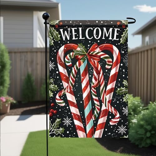 Christmas Garden Flag Candy Cane Flag Welcome Holiday Yard Banner 12x18 Inch Double Sided Winter Xmas Outdoor Lawn Decoration Seasonal House Porch Patio Decor for Farmhouse Outside