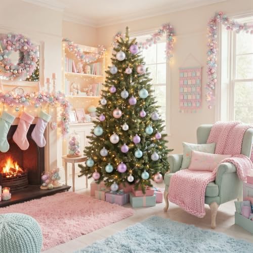 Lunmon 64 Pcs Pastel Christmas Ball Ornaments Candy Macaron Tree Decoration