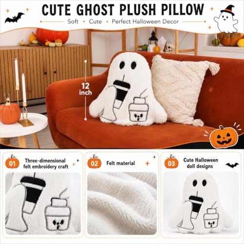 Konohan 2 Pcs Halloween Coffee Ghost Throw Pillows Ghost Shaped Stuffed