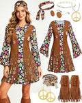kasahara 60s 70s Outfit for Women Hippie Dress Clothes Boho Disco Costume with Hippie Headband Necklace Earrings Bracelet