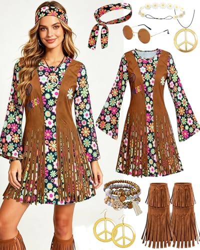 kasahara 60s 70s Outfit for Women Hippie Dress Clothes Boho Disco Costume with Hippie Headband Necklace Earrings Bracelet