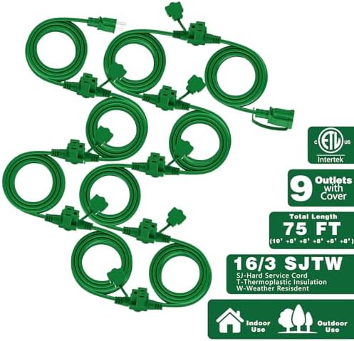 K KASONIC Outdoor Extension Cord 75 FT, Evenly Spaced 9 Outlets, Green