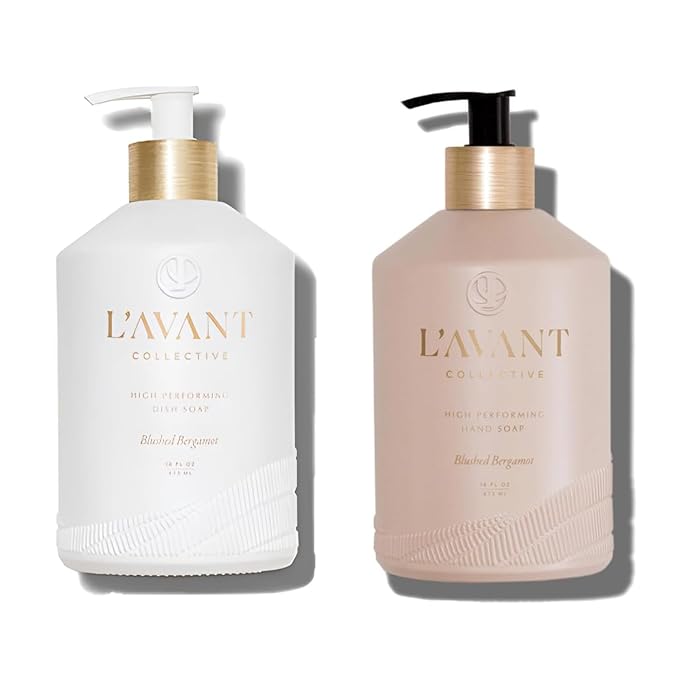 L'AVANT Collective Dish & Hand Soap Duo Blushed Bergamot | High Performing Luxurious Ingredients Notes of Bergamot, Orange Blossom, Amber, Cedar | 2 Reusable Glass Bottles Kitchen Home Decor Gifts…