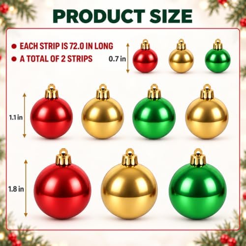 Whaline 2Pcs Christmas Ball Garland, Shatterproof, Red Green Gold, 6 Ft