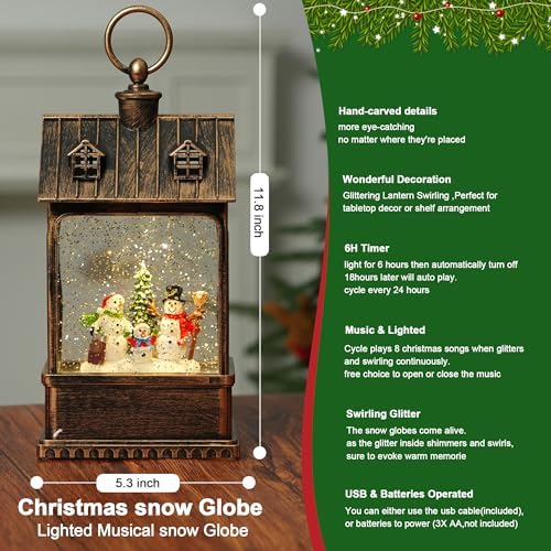 Christmas Snow Globe Lantern Water Glittering Snowman Family with Music, USB Lined/Battery Operated Lighted Lantern for Christmas Festival Decoration Gifts