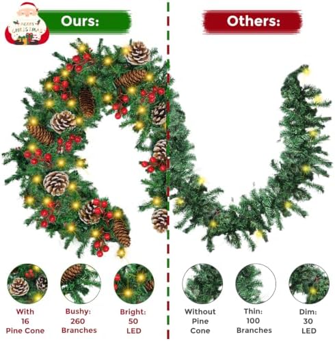 Christmas Garland, 9FT Prelit Christmas Garland with 50 LED Lights, Greenery Xmas Garland with 16 Pine Cones 75 Red Berry Christmas Decoration for Indoor Outdoor Home Mantel Fireplace