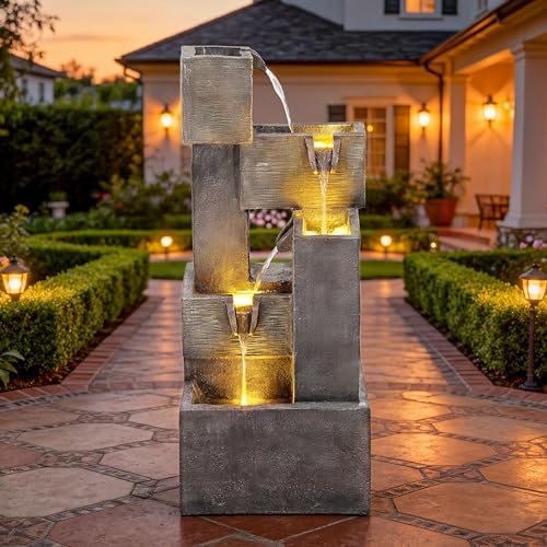 AUTODAYA 32.5" 5-Tier Outdoor Water Fountain LED Cascading Waterfall