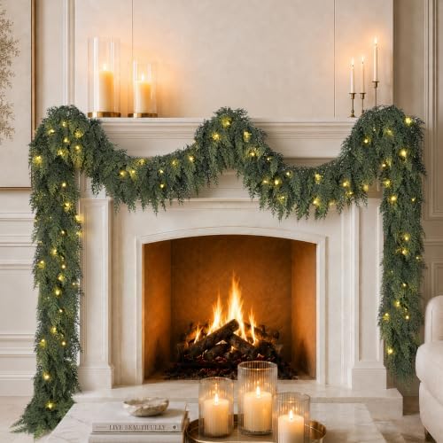12FT Christmas Cedar Garland with Lights Prelit Pine Garland Decoration
