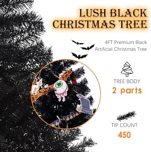 Black Christmas Tree 4FT Small Halloween Tree 450 PVC Branch Metal Stand